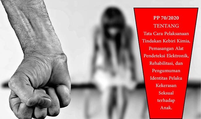 Jokowi Teken Peraturan Kebiri Bagi Predator Seksual Anak PP Nomor 70 Tahun 2020 tentang Tata Cara Pelaksanaan Tindakan Kebiri Kimia, Pemasangan Alat Pendeteksi Elektronik, Rehabilitasi, dan Pengumuman Identitas Pelaku Kekerasan Seksual terhadap Anak ditandatangani Presiden Jokowi pada 7 Desember 2020.