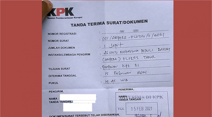 KPK Diminta Supervisi Kejari Larantuka Tanda Terima dari KPK atas permintaan supervisi terhadap Kejari Larantuka.