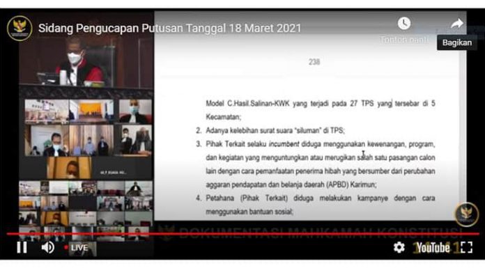 MK Tolak Permohonan SBS – WT Sidang 10 perkara sengketa Pilkada 2020 secara daring pada Kamis, 18 Maret 2021.