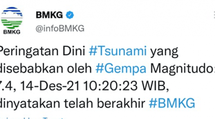 Tiga Jam Setelah Gempa , BMKG Cabut Peringatan Tsunami Peringatan Dini Tsunami berakhir
