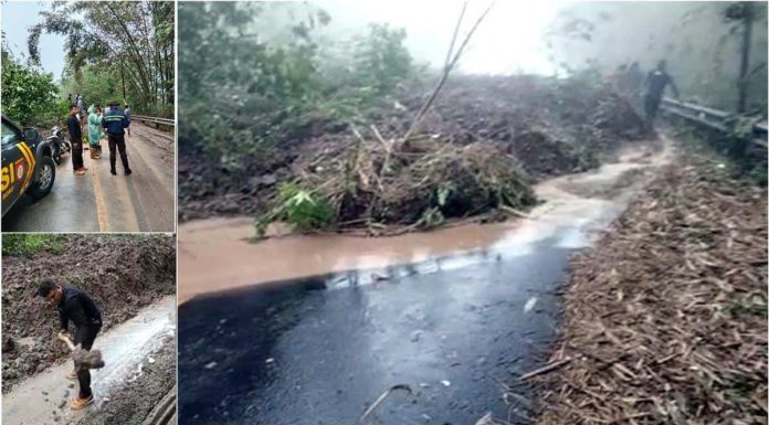 Longsor di Trans Ende – Bajawa, Tutupi 15 Meter Badan Jalan Lokasi longsor serta polisi dan warga bahu membahu membersihkan material longsor agar bisa dilewati kendaraan.