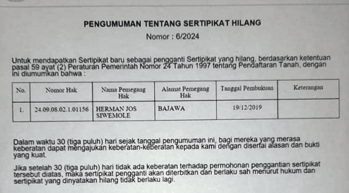 Berita Kehilangan Sertipikat Tanah Atas Nama Herman Jos Siwemole