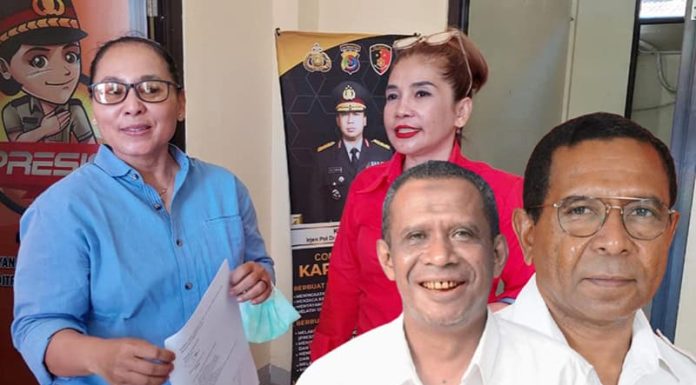 Tak Bayar Utang MBG 519 Juta, Gabriel – Mulyawan Dilaporkan ke Polda NTT Wahyu Triwidayati didampingi Aisyah Bahweres saat melaporkan Gabriel Bire Bina dan Mulyawan Djawa di Polda NTT, Selasa (19/8/25) – foto baju putih: Gabriel Bire Bina dan Mulyawan Djawa.