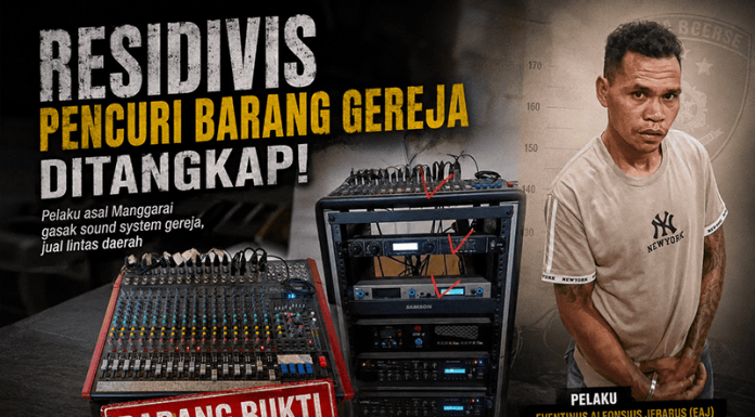 Peralatan Liturgi Gereja Digasak Residivis, Umat Baru Sadar Saat Akan Misa Pelaku dan Sebagian barang bukti yang sudah diamankan.