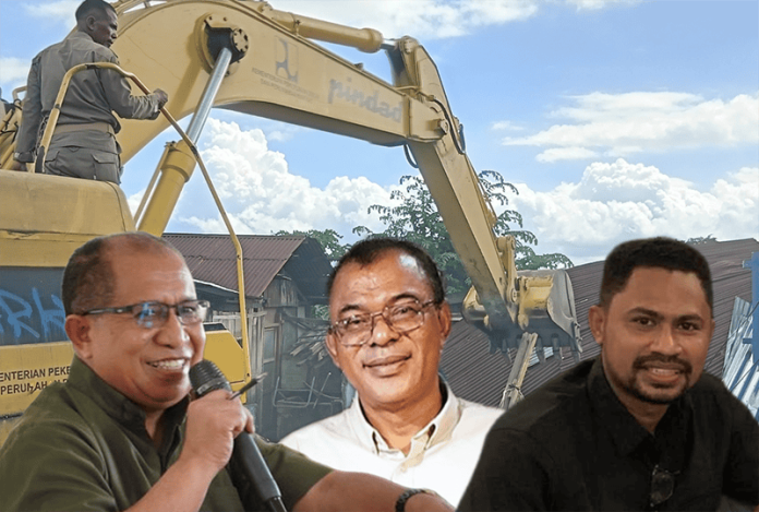 bupati koboi Superior Provincialis SVD Ende, Pater Eman Embu, SVD. (kiri), Bupati Ende, Yosef Benediktus Badeoda (tengah), Direktur Advokasi Padma Indonesia, Greg Retas Daeng (kanan), dengan latar belakang Bulldoser saat menggusur rumah warga.